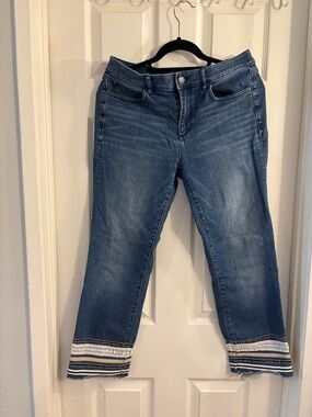 Ann Taylor Blue Cropped Jeans with Striped Embroidered Hem